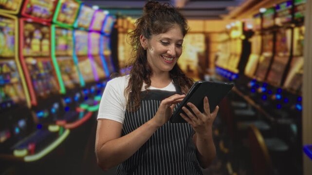 Woman tapping tablet by slot machines in casino building, smiling while holding device with both hands; calm focus.