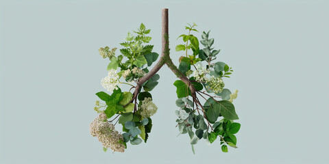 A creative representation of human lungs formed from a branch with various green leaves and small white flowers.