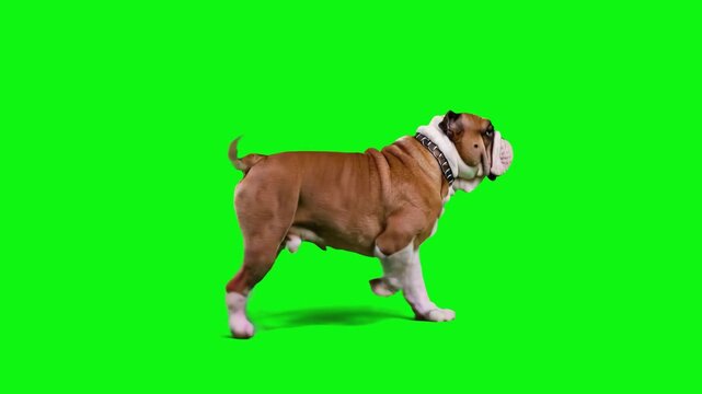 A muscular English Bulldog walks with its characteristic gait against a bright green screen background. This high-quality 3D animation provides a realistic domestic pet asset for video production.