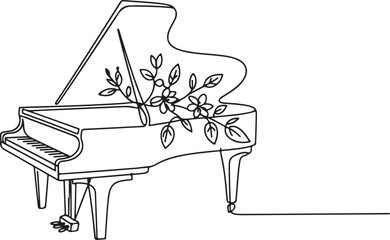  Emphasizes the harmonious blend of classical music and nature's beauty as flowers emerge from the piano.