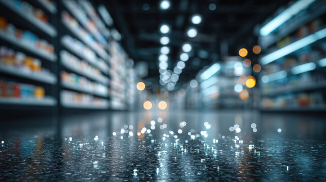 Interior of a pharmaceutical pharmacy at night, blurred image