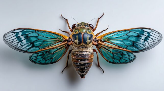A vibrant insect with iridescent blue wings and a brown body is displayed on a plain white background