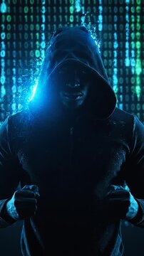 Hacker in hoodie accessing data on digital screen in dark