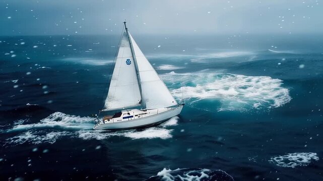 Drone shot captures a sailboat navigating through stormy ocean waters on a winter day, Drone shot in front of a sailboat, sailing on the ocean, in bad blizzard weather