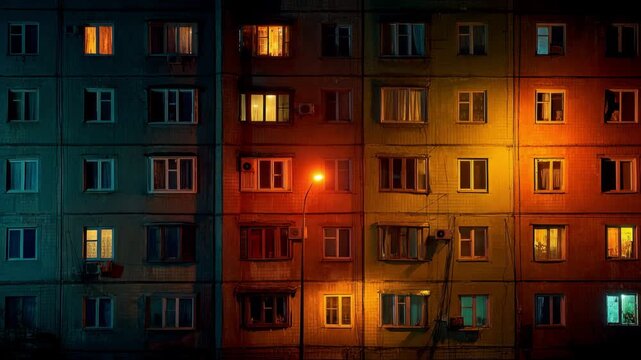 Night view of exterior apartment building timelapse. High rise skyscraper with blinking lights in windows. Window lights switching on and off