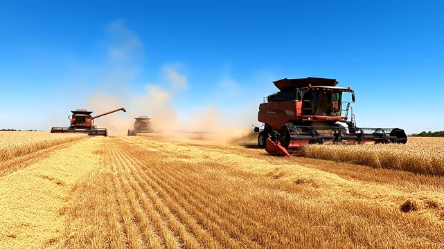 Three combine harvesters reaping golden grain under bright blue sky