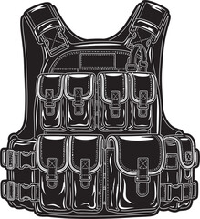 Black and white illustration of a tactical combat vest featuring numerous utility pockets and adjustable straps