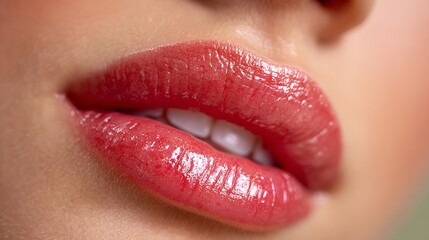 Woman Red Lipstick Glossy Lips Close-up