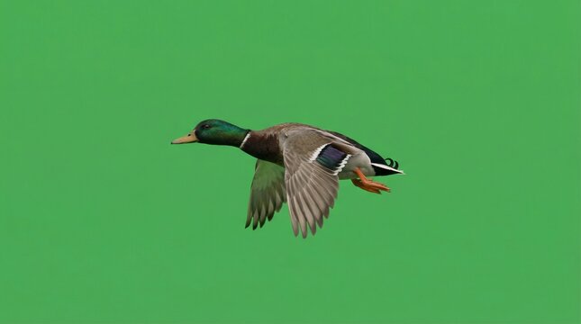 Pato salvaje volando con movimiento natural y alas extendidas sobre fondo verde uniforme chroma key, iluminaci&oacute;n neutra y calidad 4K ideal para edici&oacute;n y composici&oacute;n.