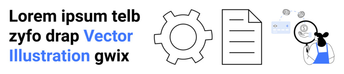 Fototapeta premium Gear icon, document, and a person analyzing data with magnifying glass. Ideal for workflow, strategy, development, analysis, documentation, innovation simple landing page