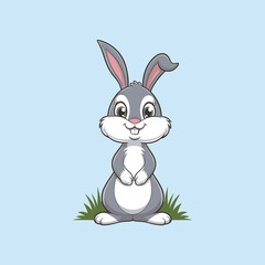 Grey Cartoon Bunny on Blue Background. Easter bunny  Cute Cartoon Rabbit Illustration Sitting Down.