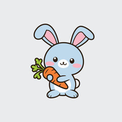 Cute White Rabbit Cartoon Character Holding a Large Orange Carrot mascot. Adorable Sitting Bunny Hugging a Giant Carrot Vector Illustration.
