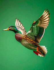 Fototapeta premium Pato salvaje volando con movimiento natural y alas extendidas sobre fondo verde uniforme chroma key, iluminación neutra y calidad 4K ideal para edición y composición.