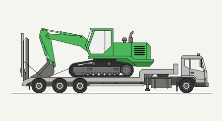 Green Excavator Transported On Low Loader Vehicle With Simple Line Art Style