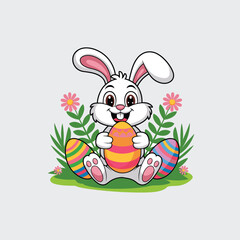 easter bunny with egg, Cute Easter Bunny Holding a Colorful Decorated Egg in a Spring Garden.
