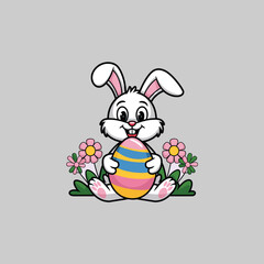 easter bunny with egg, Cute Easter Bunny Holding a Colorful Decorated Egg in a Spring Garden.