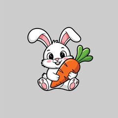 Cute White Rabbit Cartoon Character Holding a Large Orange Carrot mascot. Adorable Sitting Bunny Hugging a Giant Carrot Vector Illustration.
