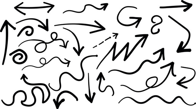 A chaotic arrangement of black arrows and squiggles on a white background