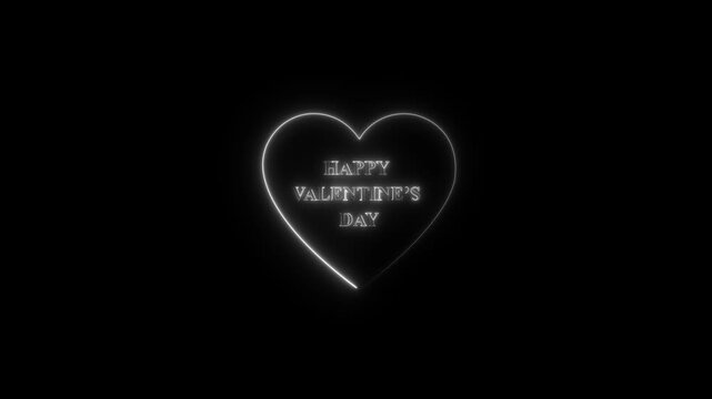 Glowing neon white color happy valentines day text inside heart icon on black background.