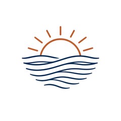 Minimal sunrise and sea waves logo, clean summer coastal icon