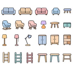 Cute pastel furniture icon set, flat outline home interior elements