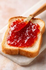 A slice of bread with a generous layer of vibrant red fruit jam is spread smoothly with a butter knife. The texture is glossy, and the surface reflects light dramatically