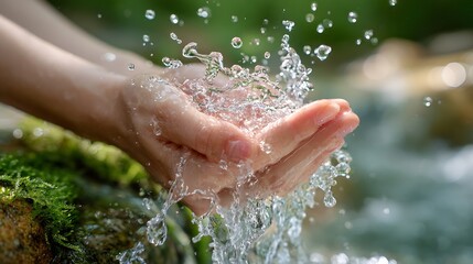 Fototapeta premium Hand Holding Water Splashes in Nature