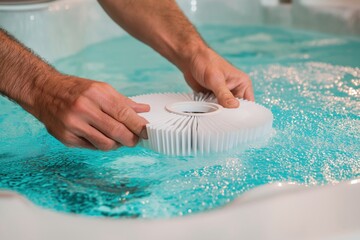 Man's Hands Installing a Filter in a Hot Tub or Spa