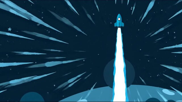 Animated rocket launching into space against a starry night sky