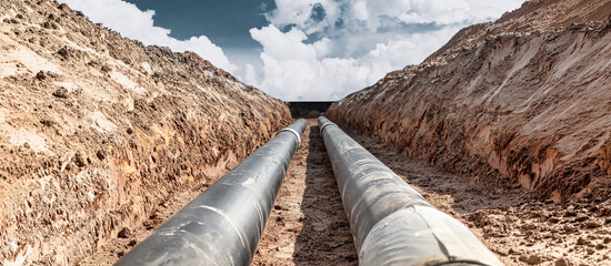 Workers are digging in a trench for pipe installation. Two large pipes lie in the trench under a cloudy sky in a construction area
