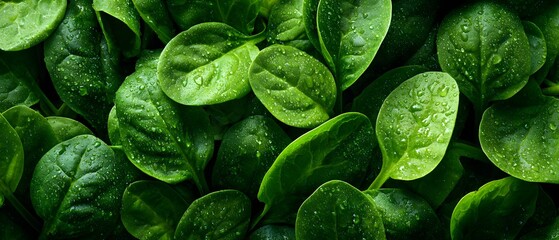 Fototapeta premium Lush green leaves with droplets of water create a fresh and vibrant appearance. The close-up reveals rich textures and varying shades of green, emphasizing the natural beauty of the leaves