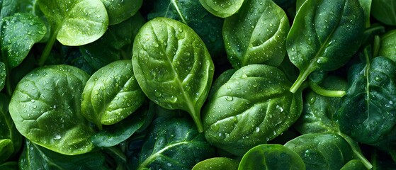 Obraz premium Fresh, vibrant green leaves with droplets of water on their surface, showcasing details in texture and natural freshness, highlighting veins and lush growth in a healthy organic setting