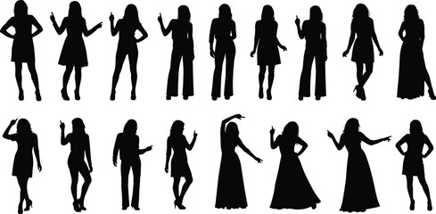 Collection of black silhouettes of women standing, pointing, and modeling in fashion dresses and business suits, isolated on white background.