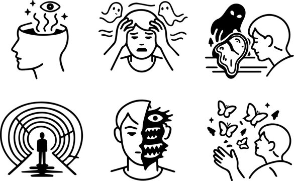 Line icons visualizing hallucinations, fear, and distorted perception. Vector
