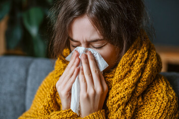 Frau mit einer Erk&auml;ltung schn&auml;uzt in ein Taschentuch, Generative AI