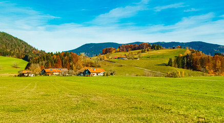Fototapeta premium Alpine autumn or indian summer view at Froschsee, Ruhpolding, Chiemgau, Bavaria, Germany