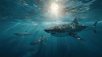Fototapeta premium Sharks gliding through clear blue ocean water in open sea