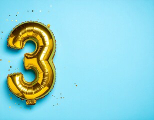 Fototapeta premium altın renkli balon 3 rakamı ve mavi metin boşluk arka planı 