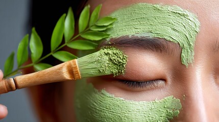 Woman Applying Green Clay Face Mask with Brush