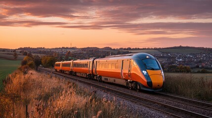 Fototapeta premium Rural landscape at sunset with a fast train along the tracks