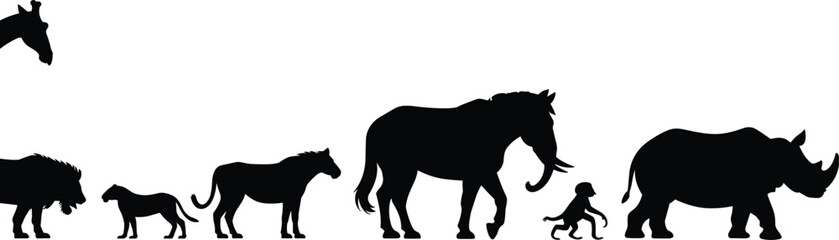 Set of vector black silhouettes of African animals like lion elephant rhino zebra and monkey walking in a row © Monjila