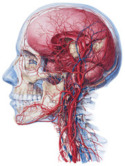 Medizinische Illustration eines menschlichen Kopfes, freigestellt vor transparentem HintergrundGenerative AI