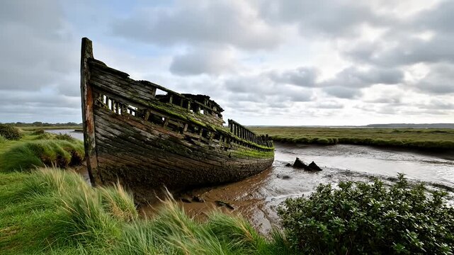 Weathered derelict wooden hull resting in tidal mudflat