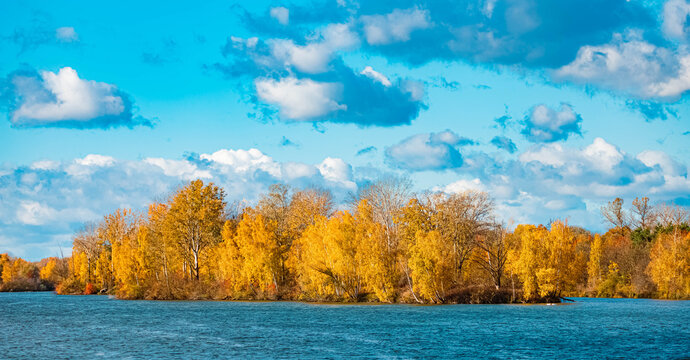 Autumn or indian summer view with reflections at Zulling, Dingolfing, Landau, Bavaria, Germany