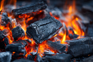 Flammen und hei&szlig;e gl&uuml;hende Holzkohle, Generative KI