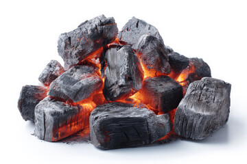 Flammen und hei&szlig;e gl&uuml;hende Holzkohle, freigestellt vor wei&szlig;em Hintergrund, Generative AI