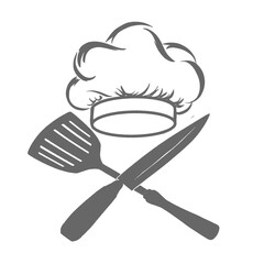chef's hat or toque blanche icon with frying spoon and kitchen knife
