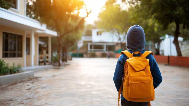 Child in hoodie with backpack entering school yard during morning, preparing for new lessons and academic development