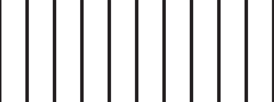 Vertical black parallel straight thin stripes isolated on white background. Minimalistic streaky graphic print. Prison bar texture. Vector graphic illustration