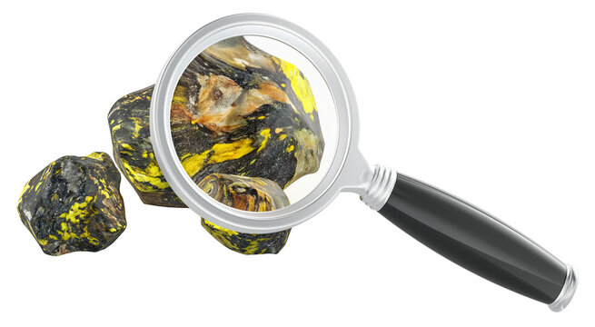 Uranium ore rocks under magnifying glass. 3D rendering